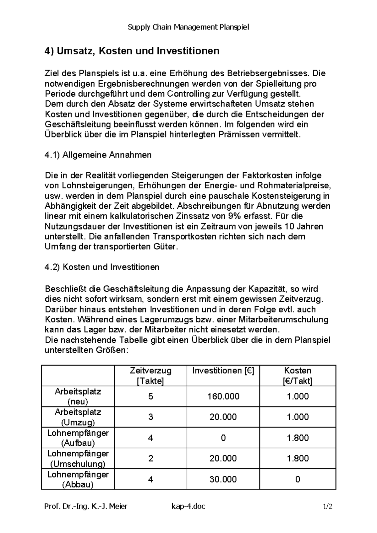 SCM Planspiel 4 - Supply Chain Management Planspiel 4) Umsatz, Kosten ...