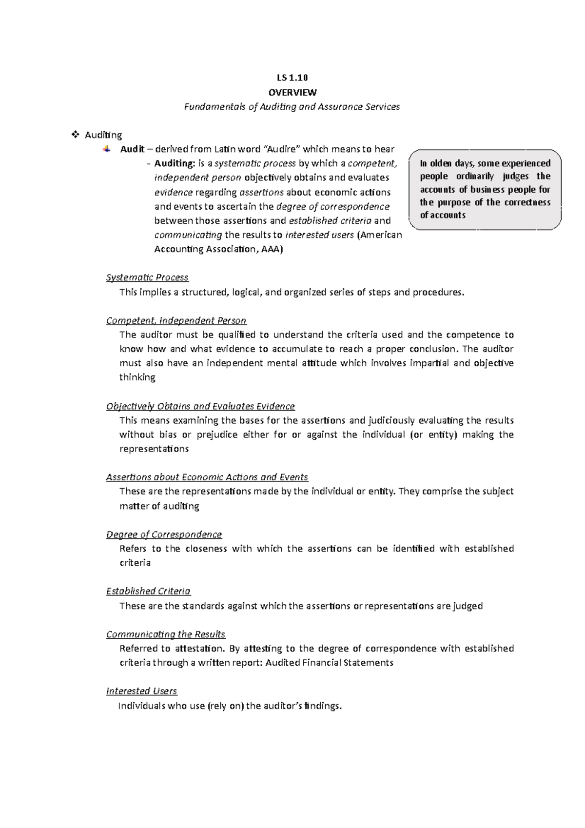 LS 1.10 Fundamentals of Auditing and Assurance Services Overview - LS 1 ...
