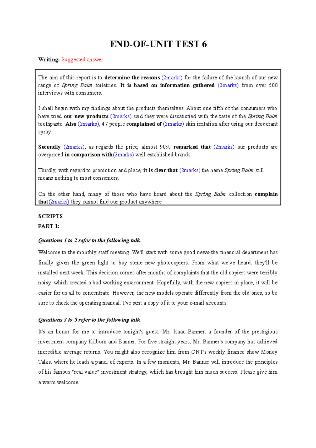 EOU TEST 6 Writing Scripts END OF UNIT TEST 6 Writing Suggested 