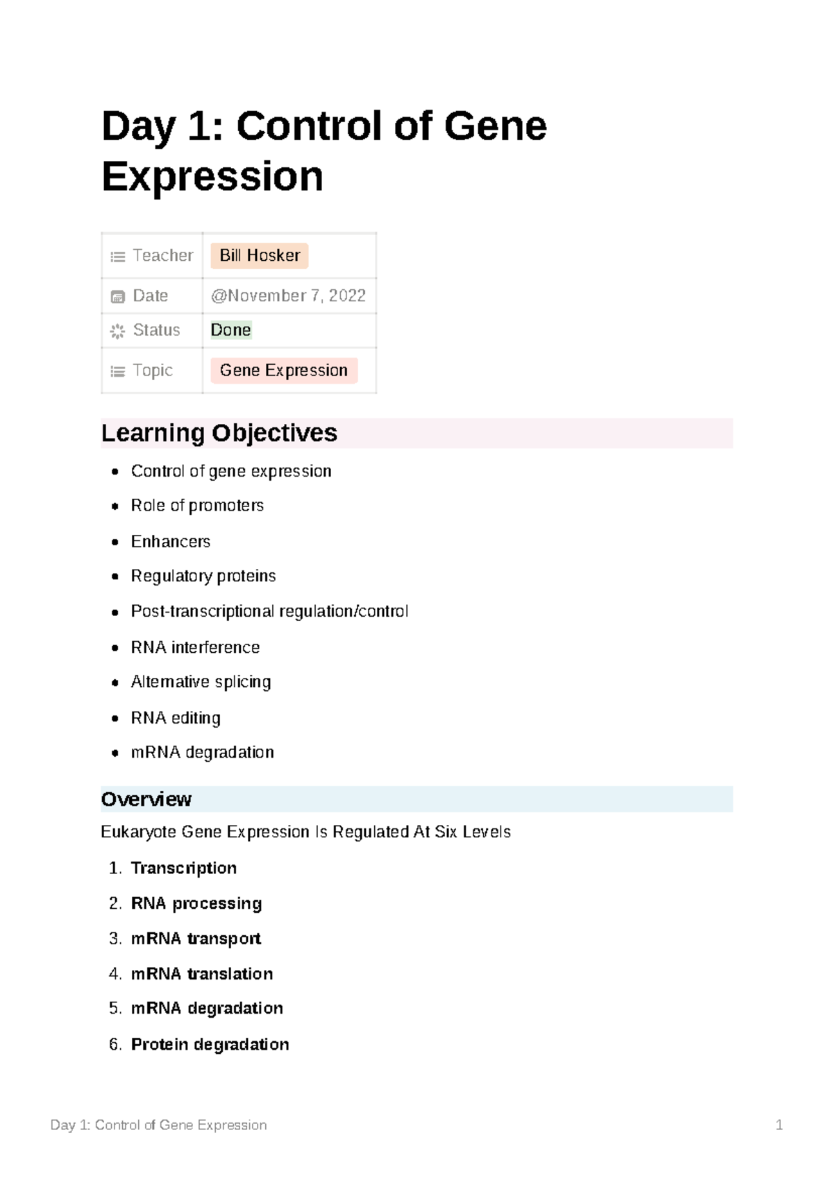 Day 1 Control Of Gene Expression - Day 1: Control Of Gene Expression ...