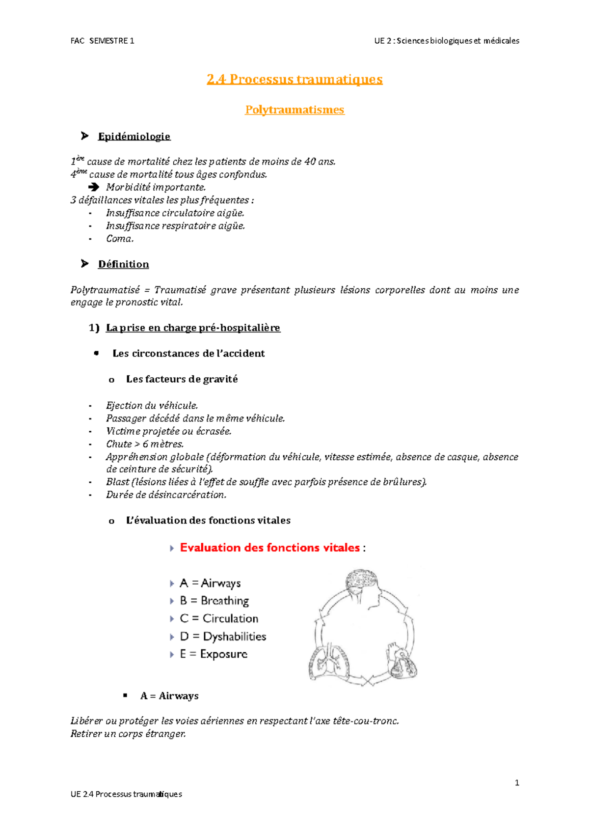 Sujet Partiel Ifsi Semestre 1 S1 UE2.4 - Cours FAC - 2 Processus traumatiques Polytraumatismes   Epidémiologie 1 ère cause de - Studocu