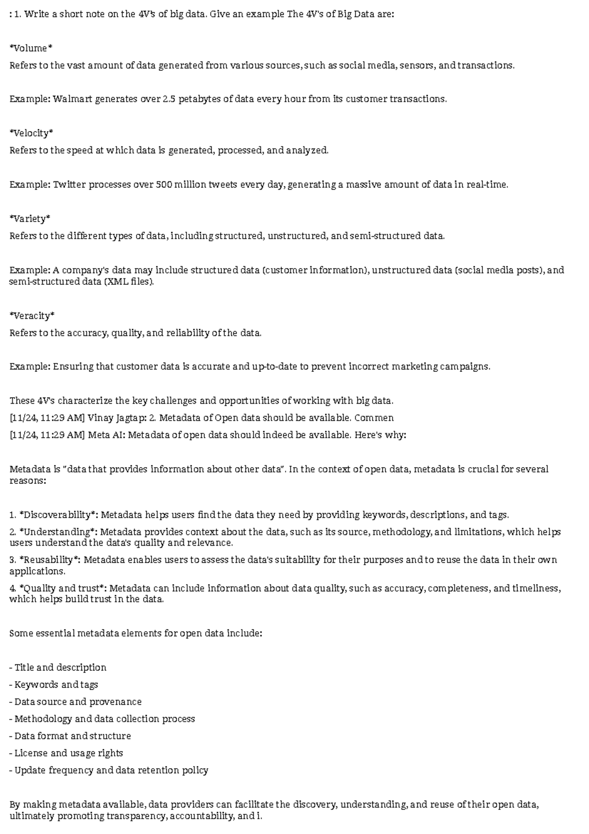 Fds - Notes - : 1. Write a short note on the 4V’s of big data. Give an ...