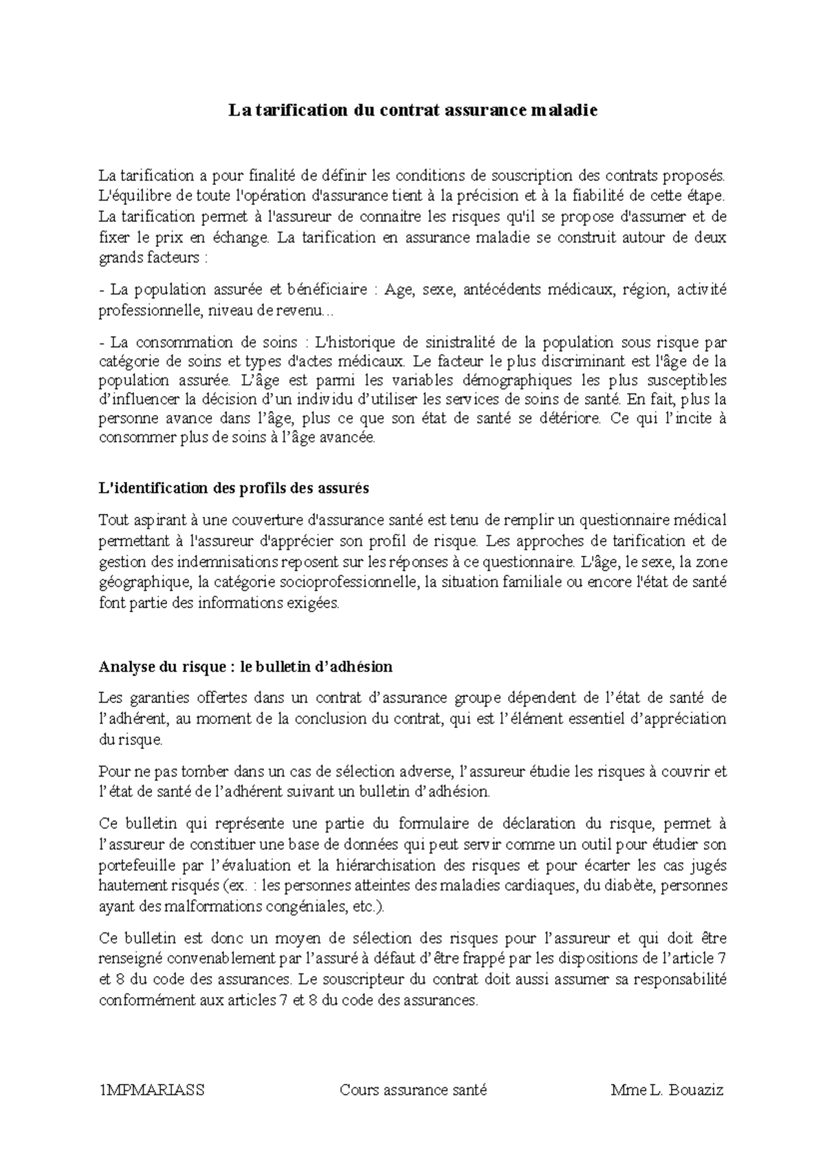 La Tarification Du Contrat Assurance Maladie L quilibre De Toute L 