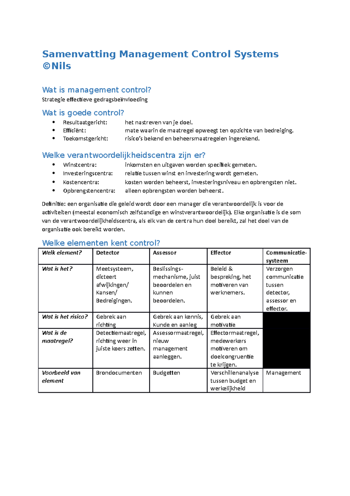 Samenvatting MCS - Samenvatting Management Control Systems Wat Is ...