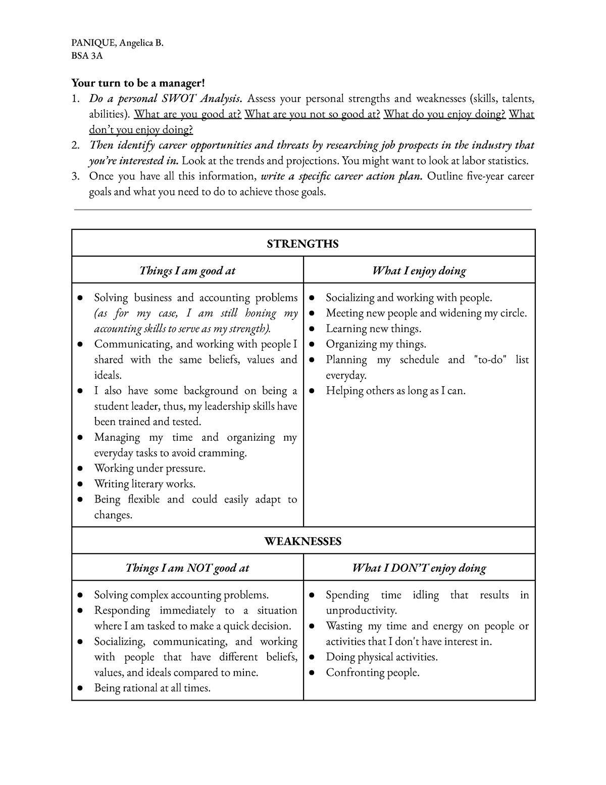 3A- Panique Personal SWOT Analysis - PANIQUE, Angelica B. BSA 3A Your ...