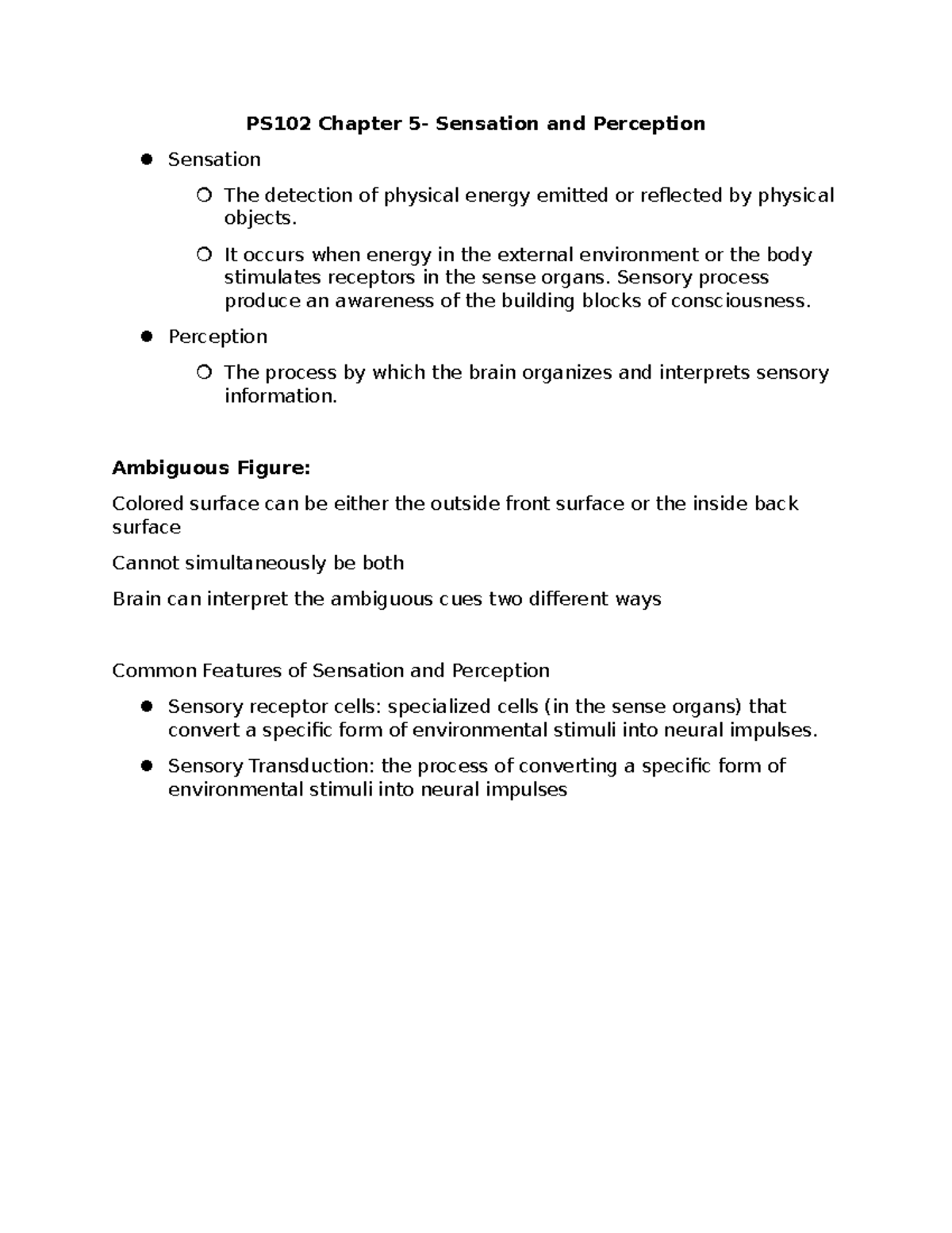 PS102 Chapter 5- Sensation And Perception - It Occurs When Energy In ...