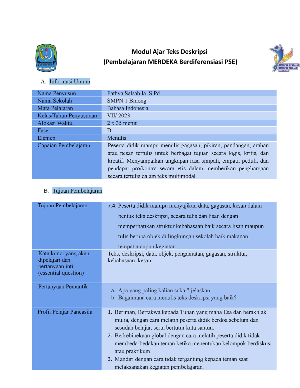 Teks Deskripsi Kelas 7 - Modul Ajar Teks Deskripsi (Pembelajaran ...