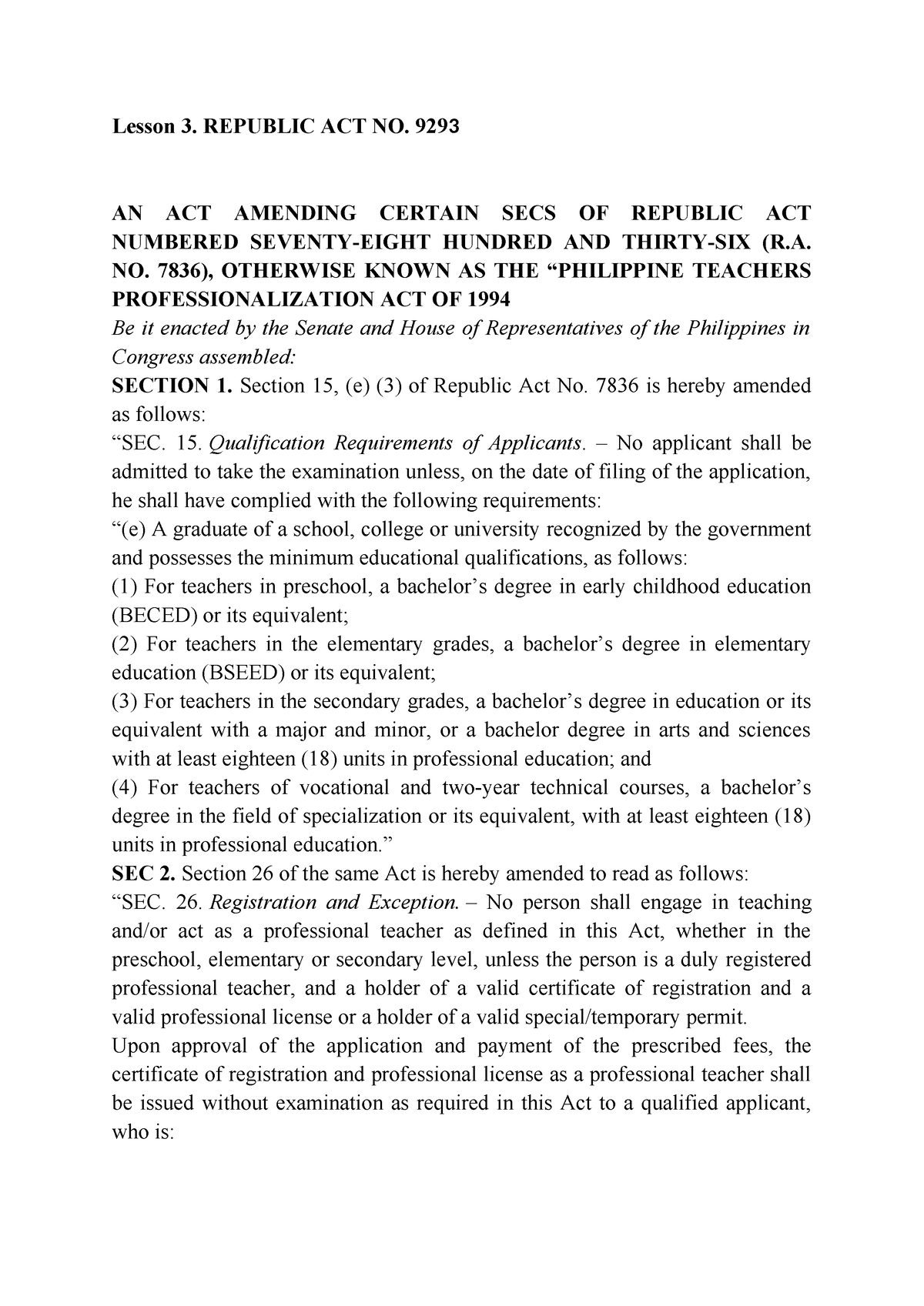 RA-9293 - Detailed Lecture - Lesson 3. REPUBLIC ACT NO. 929 3 AN ACT ...