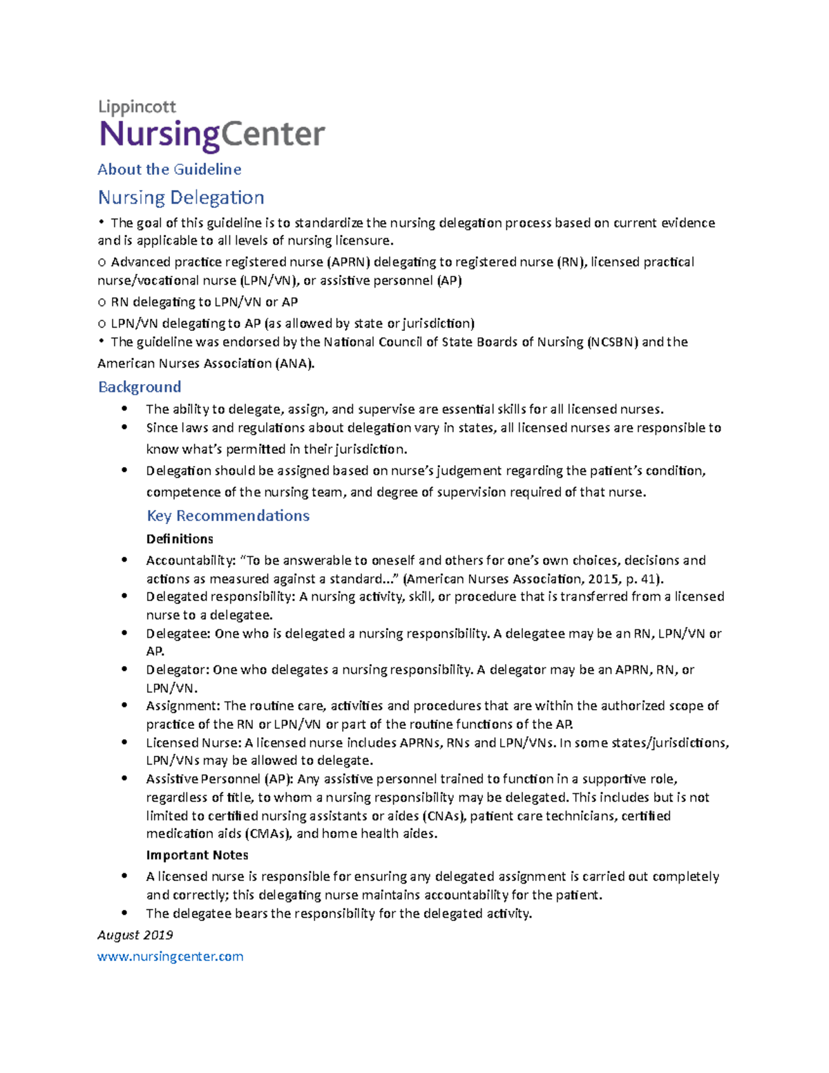 Nursing delegation copy - About the Guideline Nursing Delegation The ...