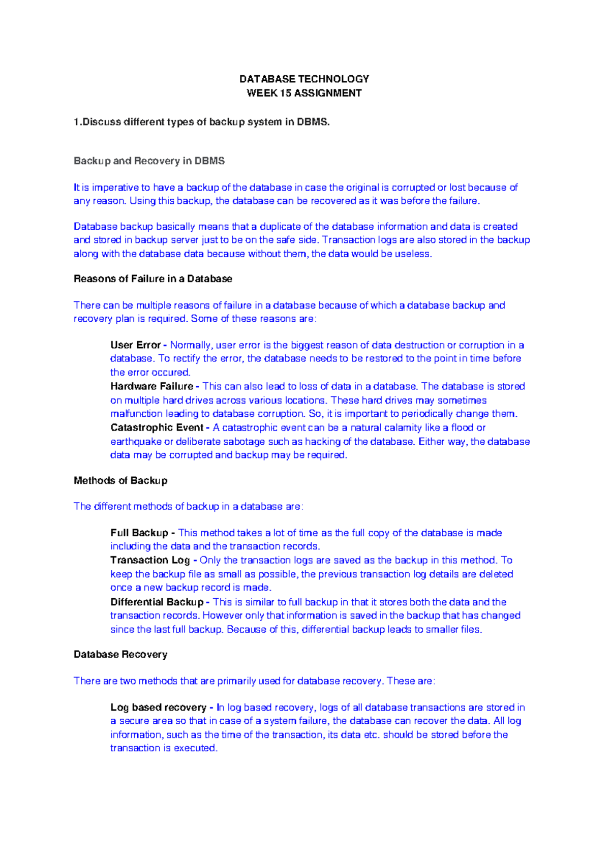 DBMS W15 - damru - DATABASE TECHNOLOGY WEEK 15 ASSIGNMENT 1 different ...