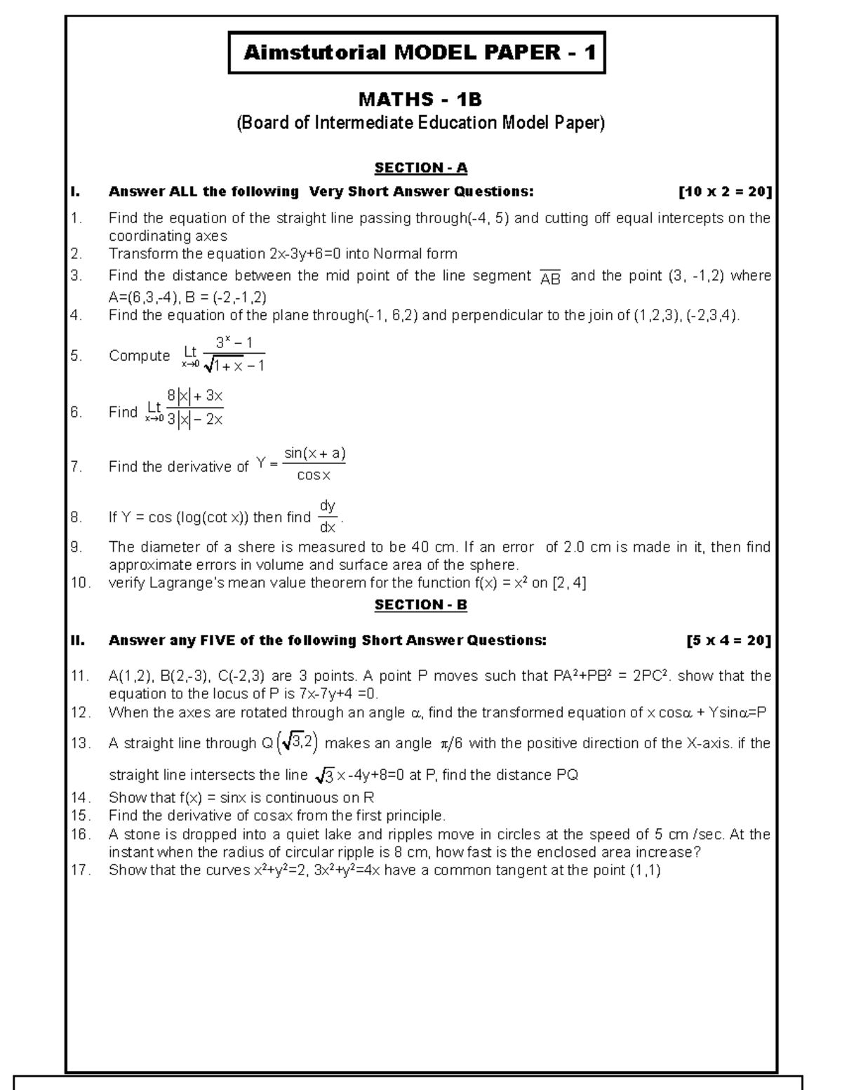 1B Model guess paper 1 - Aimstutorial MODEL PAPER - 1 MATHS - 1B (Board ...