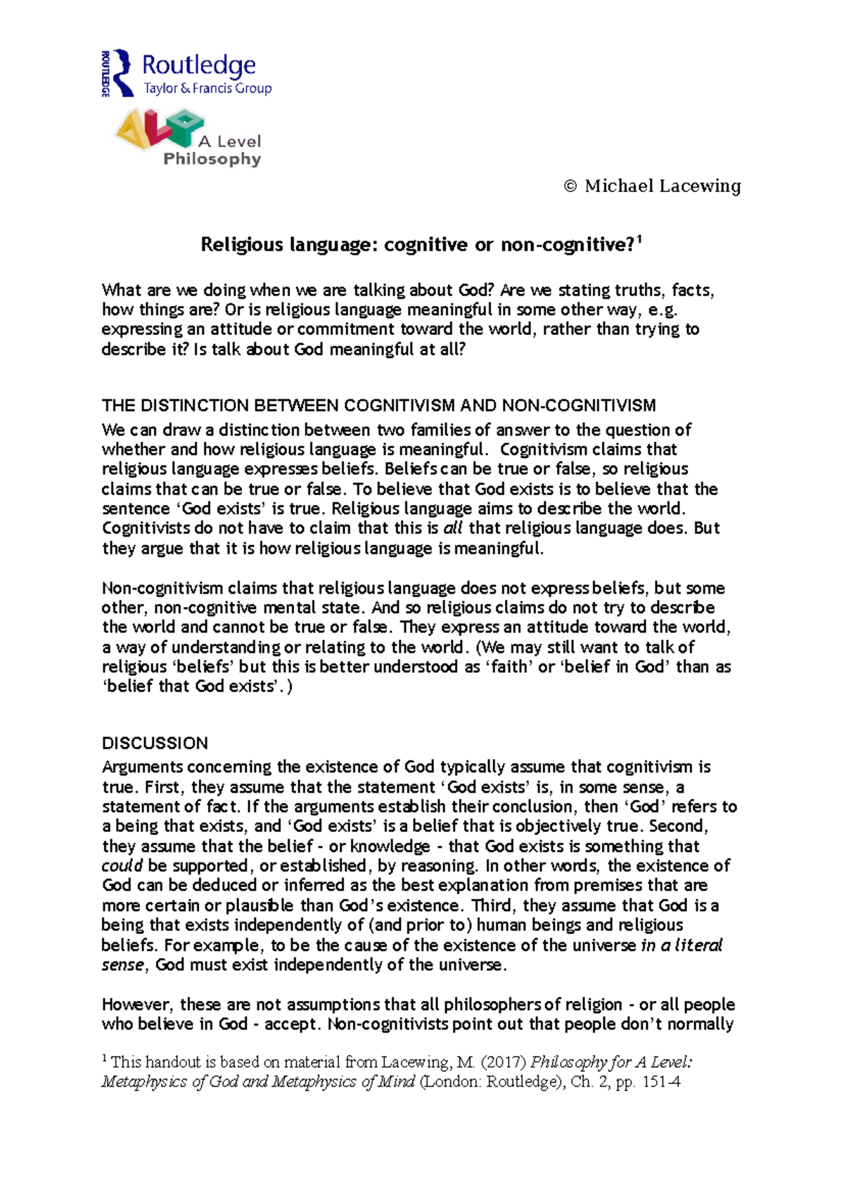 Religious language cognitivism non-cognitivism - © Michael Lacewing ...