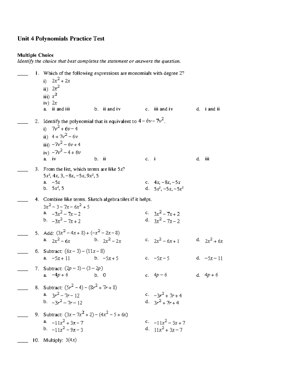 Polynomials practice test - Unit 4 Polynomials Practice Test Multiple ...