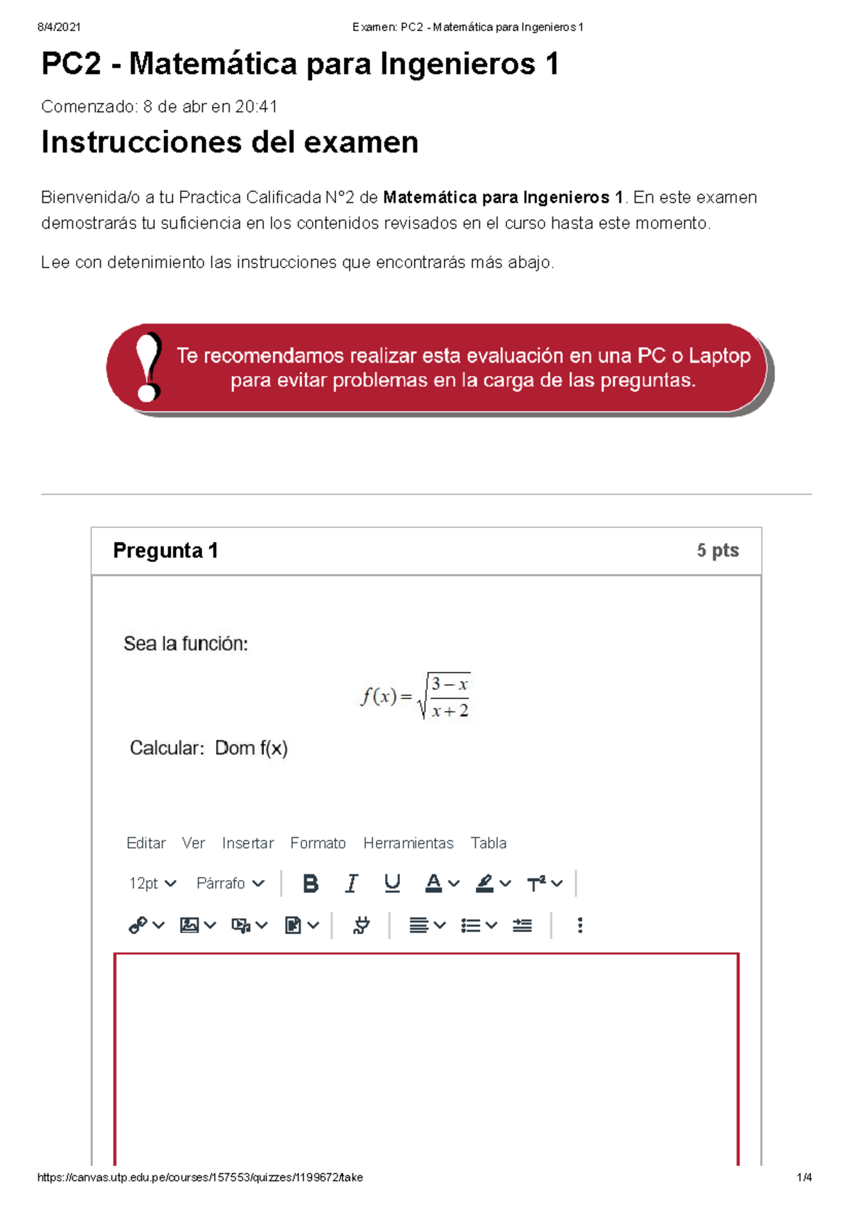 Examen PC2-Matemática Ingenieros 1 Desarrollado - 8/4/2021 Examen: PC2 ...