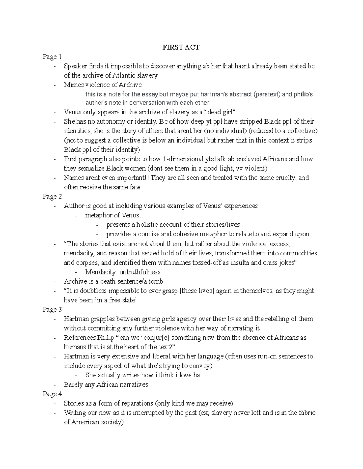 Lens texts Detailed notes of Saadiya Hartmaan's "Venus in Two Acts" Nourise Philippe's