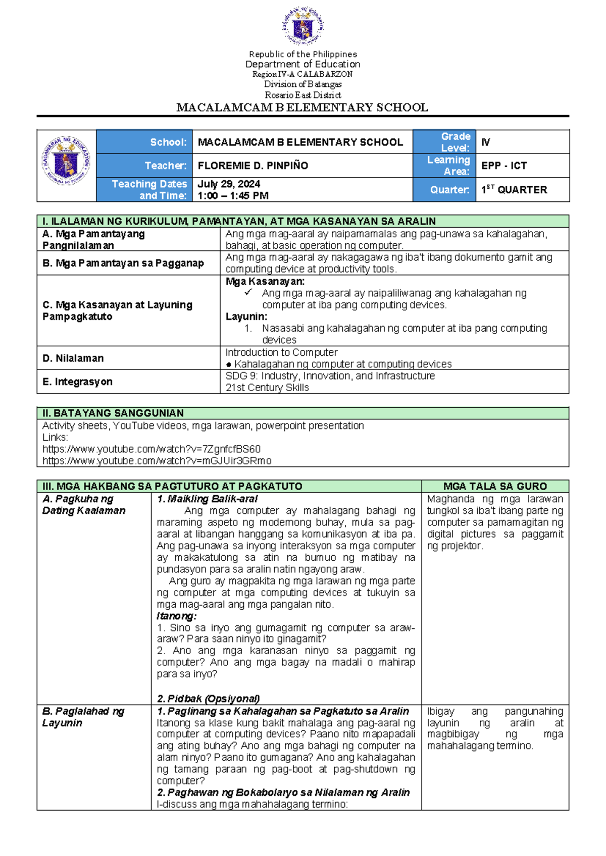 DLP EPP4 A Sample Lesson Plan In EPP 4 MATATAG Curriculum