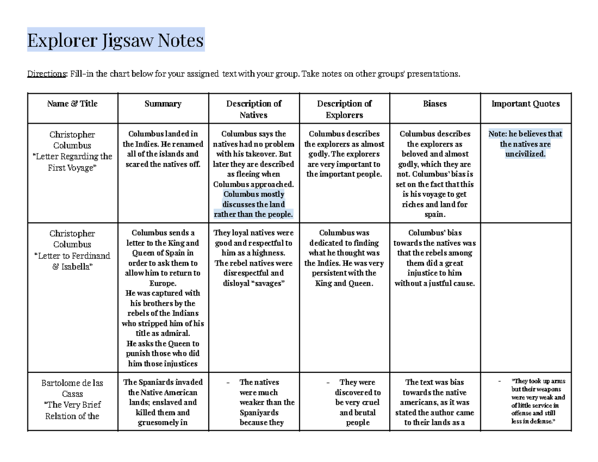 Explorer Jigsaw Take notes on other groups' presentations. Name