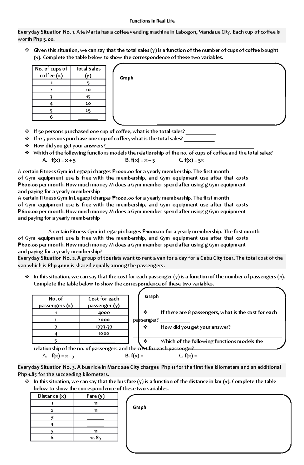 Representing functions in real life activity functions in real life