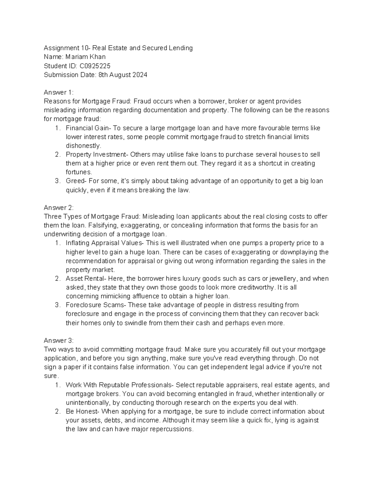 Real Estate Assignment 10 - Assignment 10- Real Estate and Secured ...