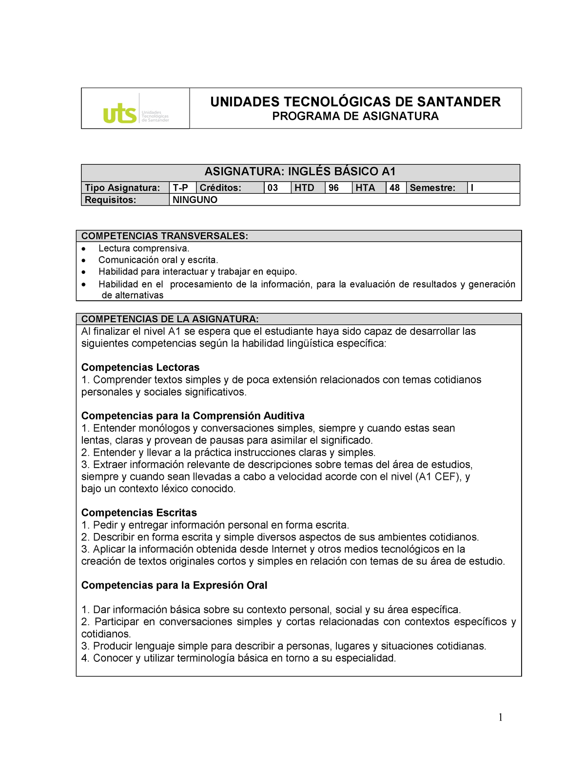 DDI009 Ingles I - Oooooo - 1 UNIDADES TECNOL”GICAS DE SANTANDER ...