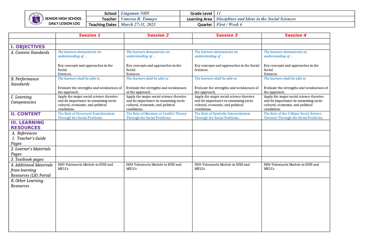 Q3-DISS-W6 - notes - SENIOR HIGH SCHOOL DAILY LESSON LOG School ...