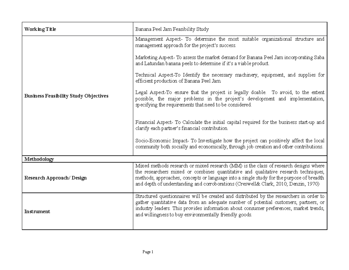 Concept feasibility Working Title Banana Peel Jam Feasibility Study