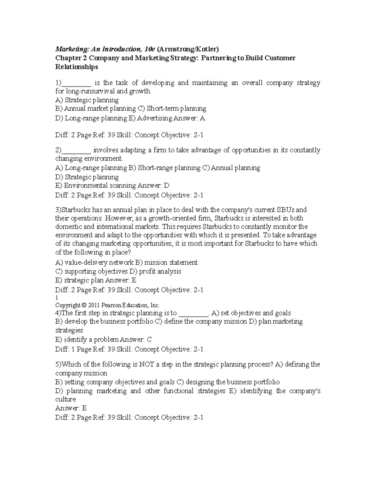 Chapter 2 Test Bank - Marketing: An Introduction, 10e (Armstrong/Kotler ...