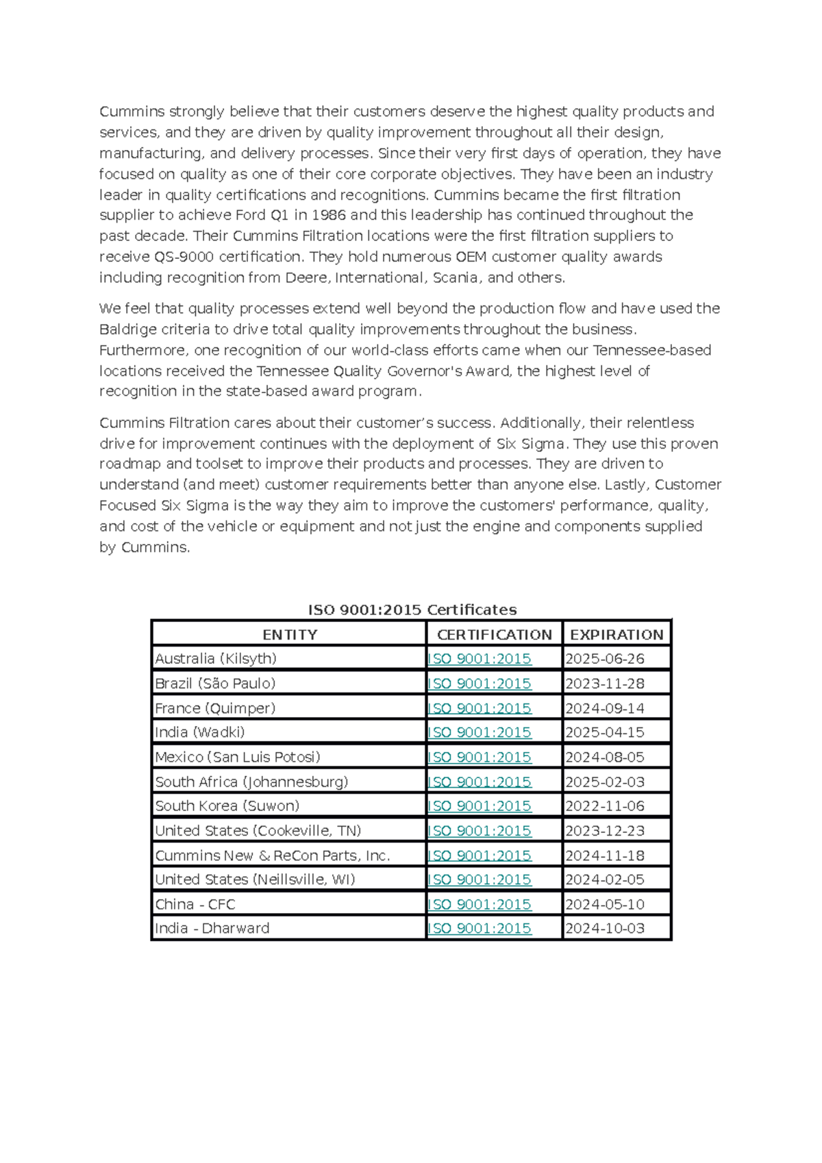 Cummins Quality Activity Cummins strongly believe that their