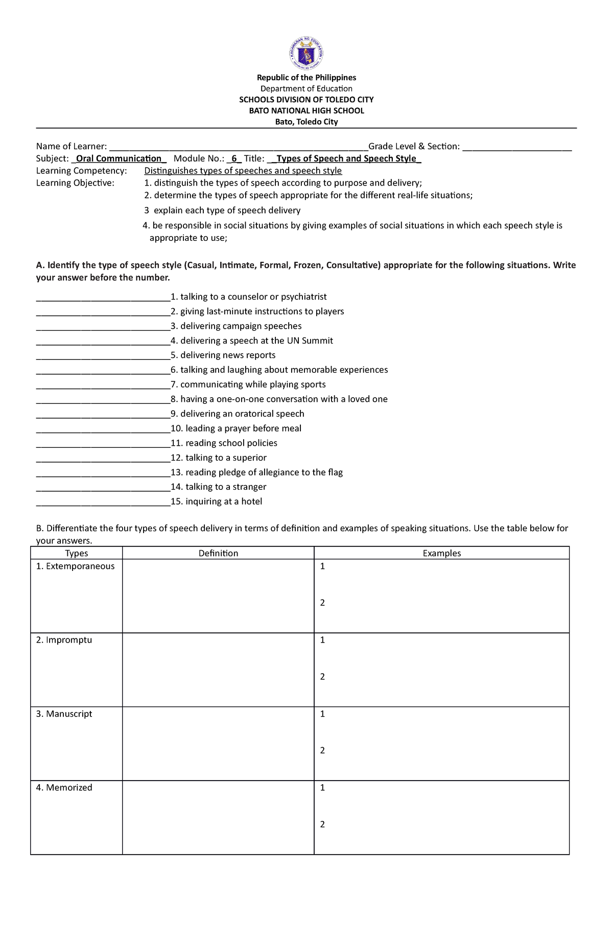 Q1 M3 Oral Comm Activity Sheet Week 6 - Republic of the Philippines ...