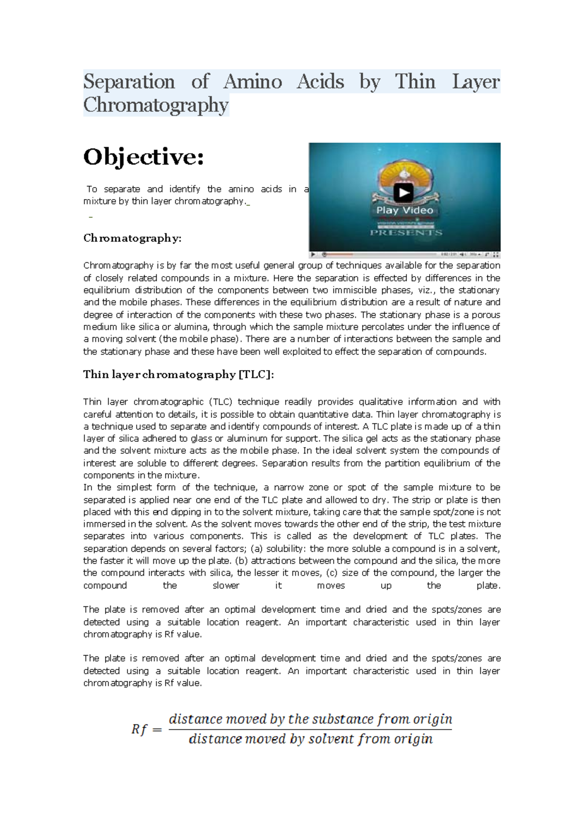 Prática 3 Separation of Amino Acids by Thin Layer Chromatography ...
