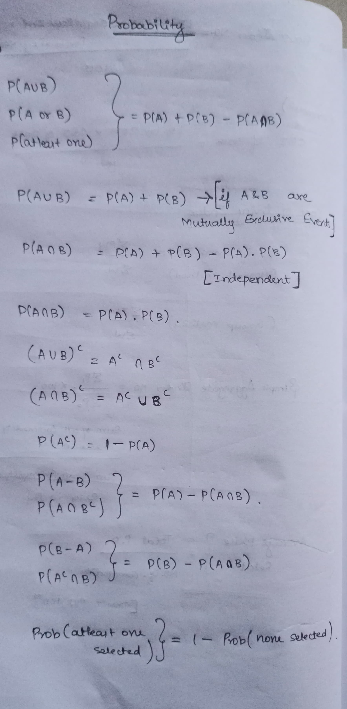 Probability Formulas - Ca Foundation - ProbobiLhg PAUB PCA OY B) PA)+P ...