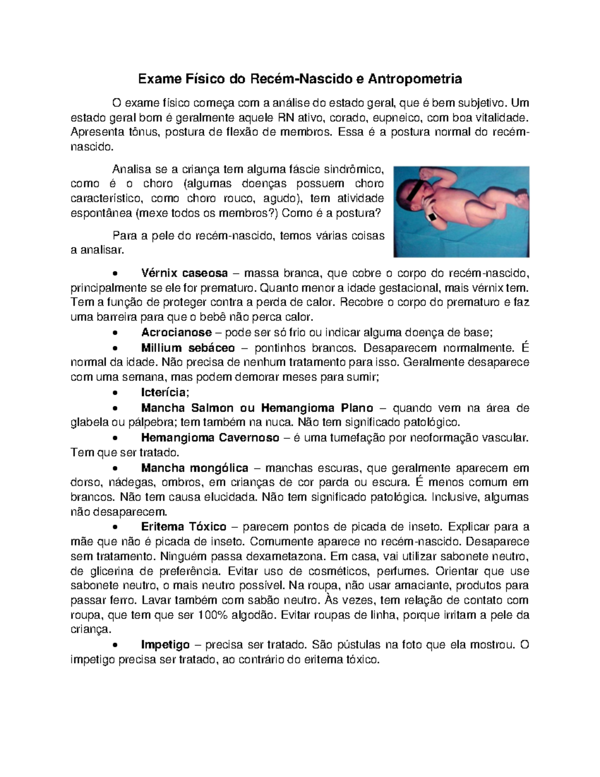 Anamnese e Exame Físico do Neonato - Apostila de exame físico do  recém-nascido