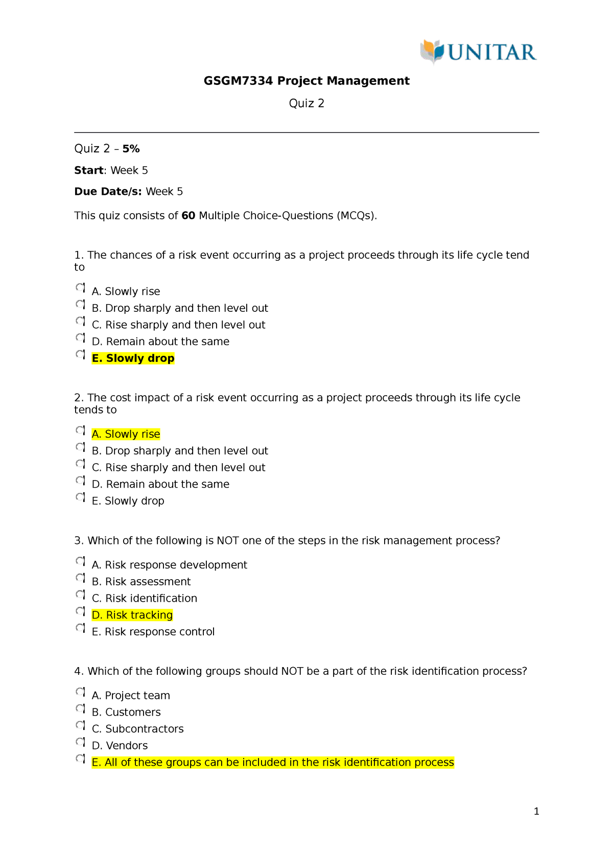 GSGM7334 Project Management - Quiz 2 - GSGM7334 Project Management Quiz ...