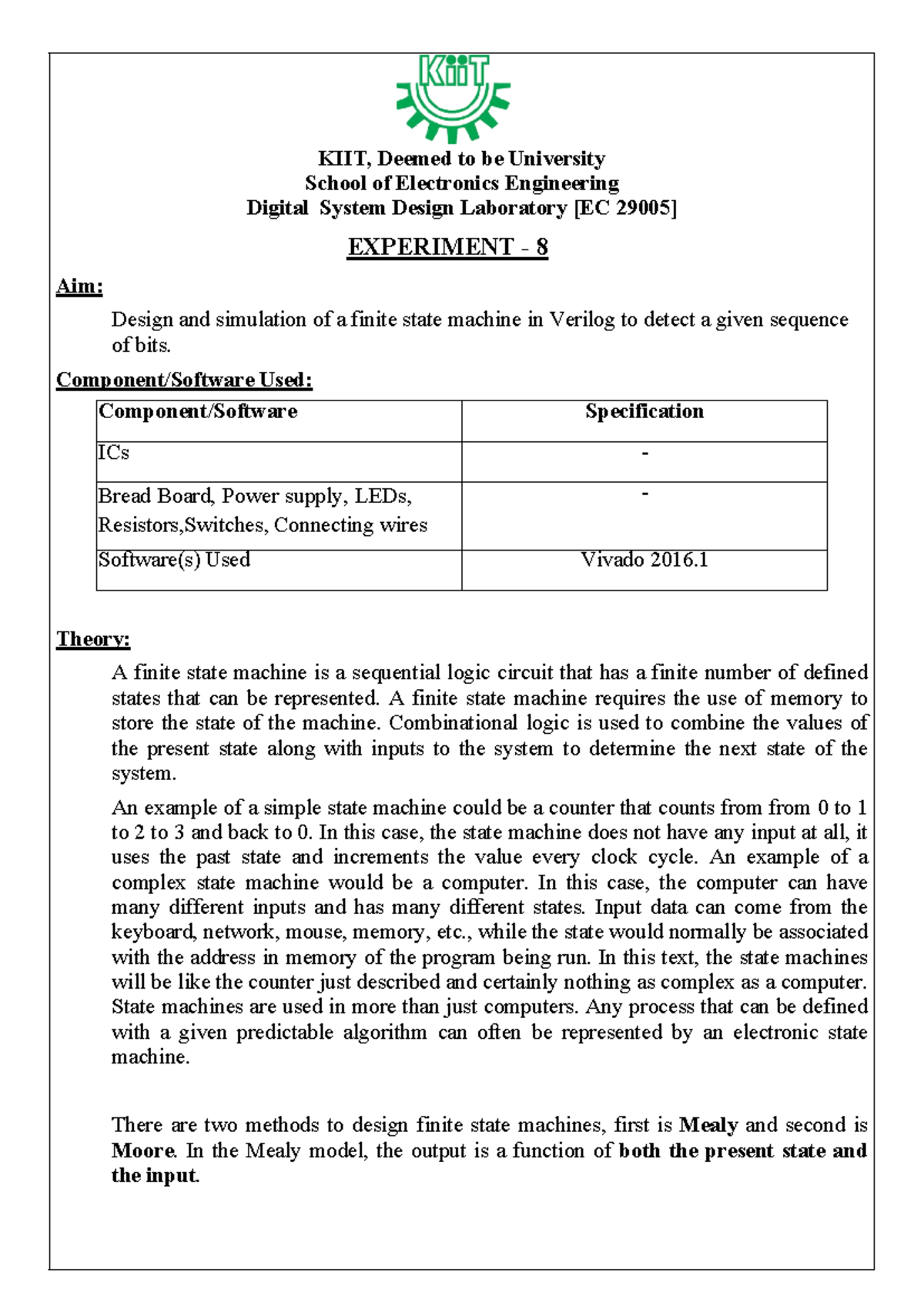 DSD LAB Experiment 8 - KIIT, Deemed to be University School of ...
