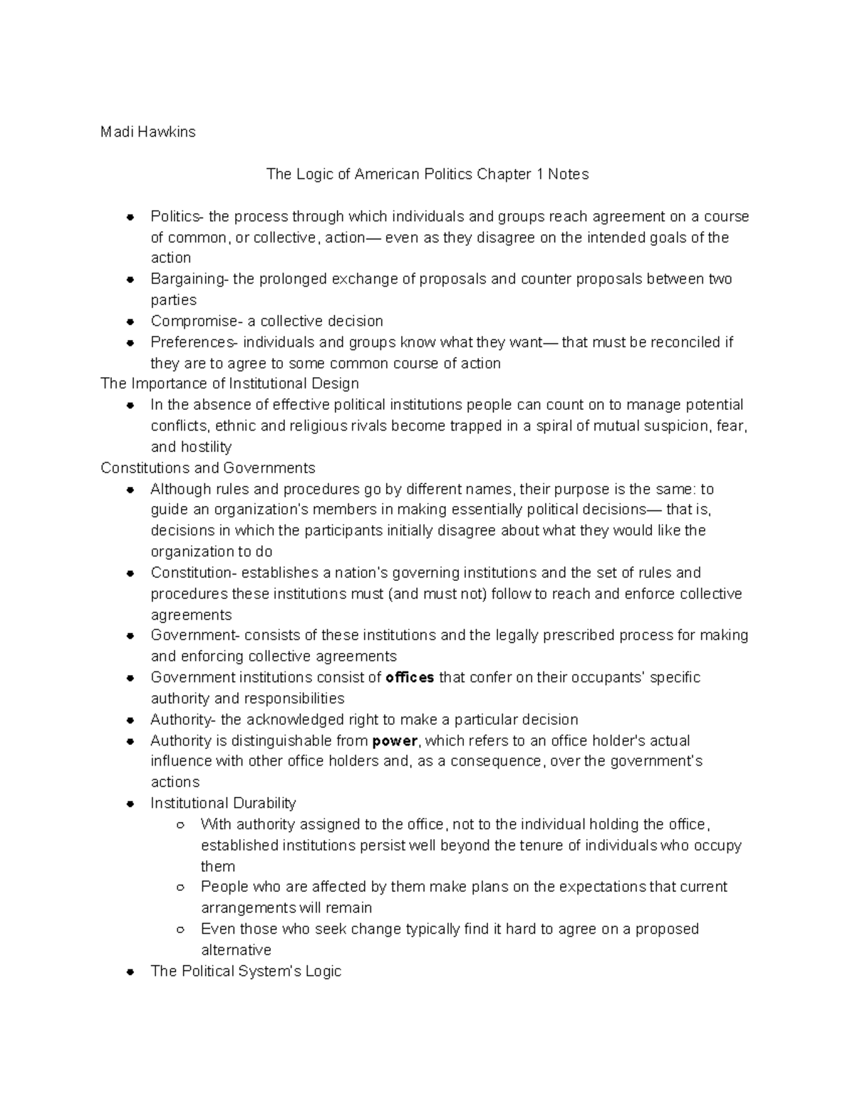 Political Science Notes-Test1 - Madi Hawkins The Logic of American ...
