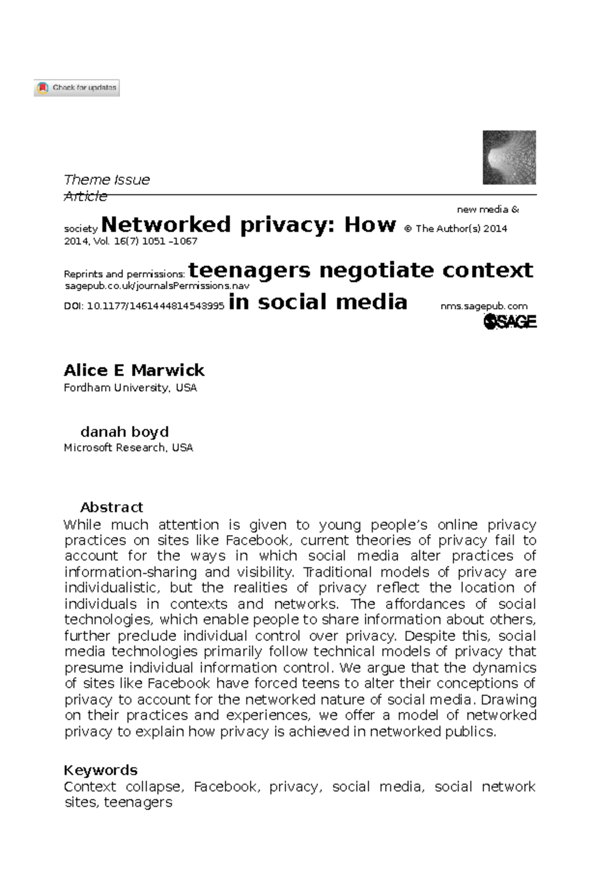 Marwick and boyd - 2014 - Networked privacy How teenagers negotiate ...