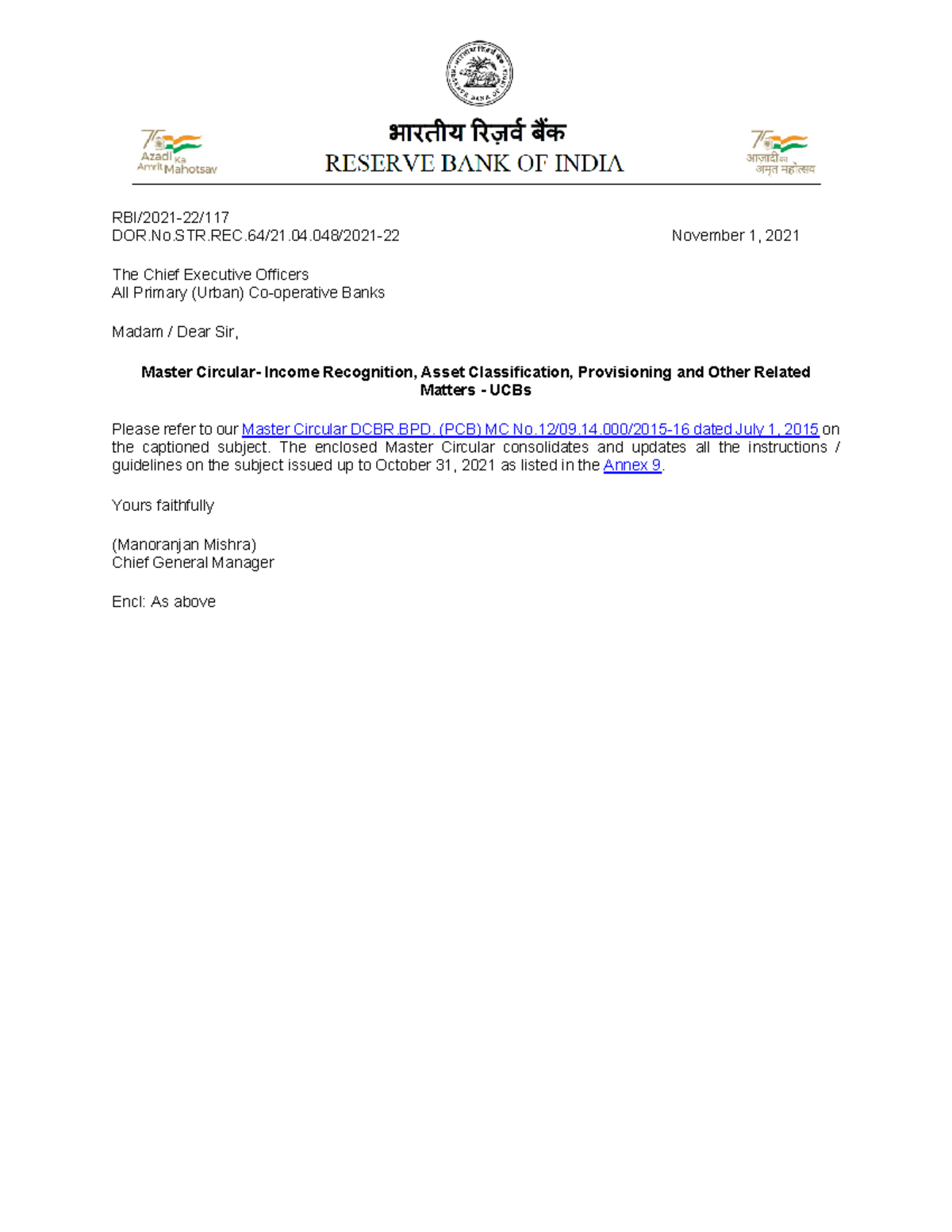 NPA Circular - RBI/2021-22/ DOR.No.STR.REC.64/21.04/2021-22 November 1 ...