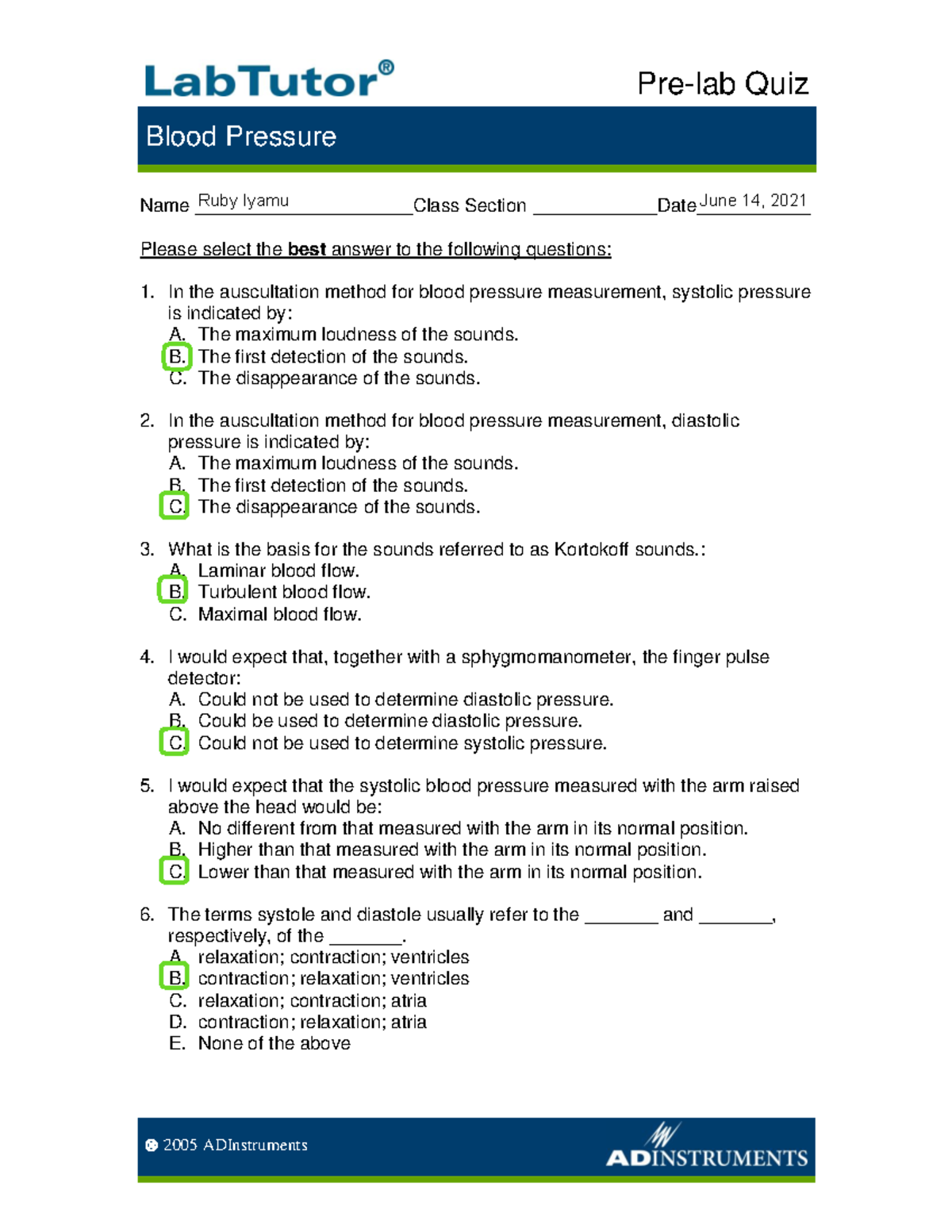 Lab 8 Blood Pressure Quiz Prelab Quiz Blood Pressure 2005