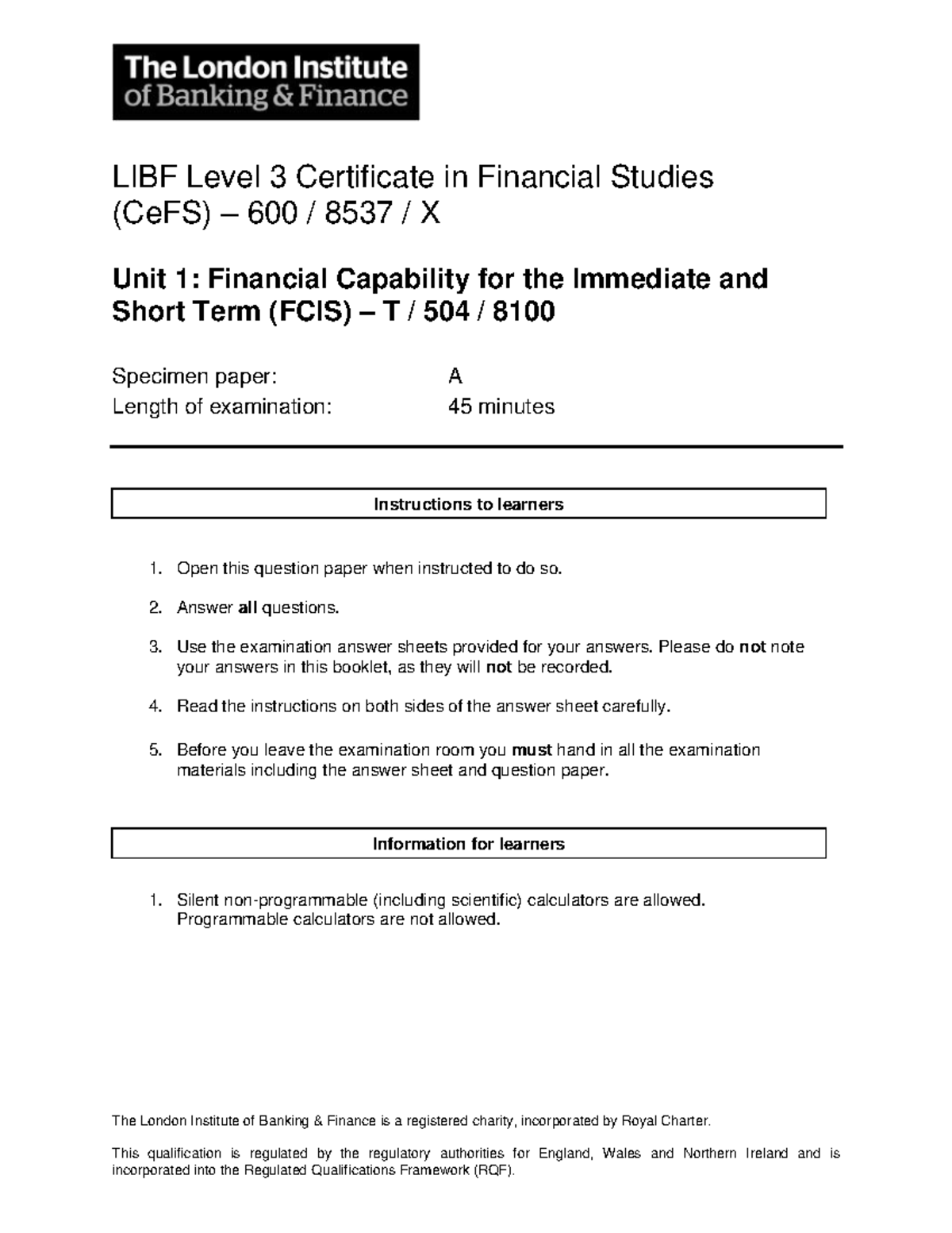 FCIS Specimen A RUN 1 3135 The London Institute of Banking