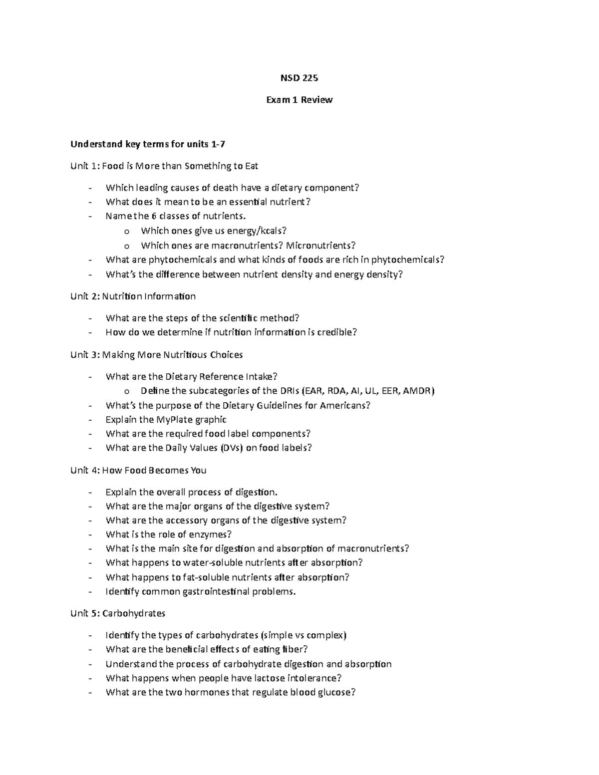 NSD 225 Exam 1 Review Sheet - NSD 225 Exam 1 Review Understand Key ...