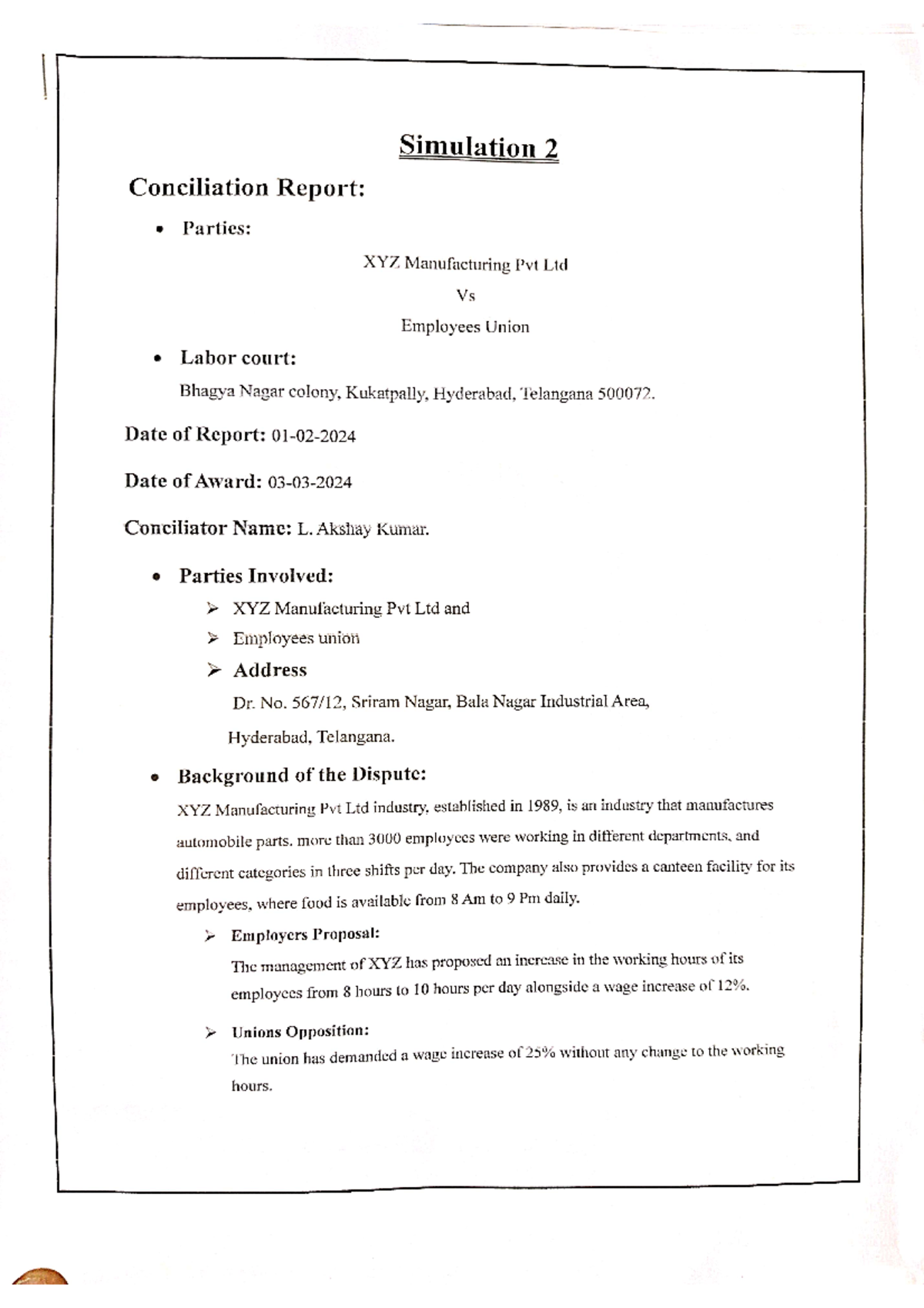 Simulator - ADR simulations - Simulation 2 Conciliation Report: Parties ...