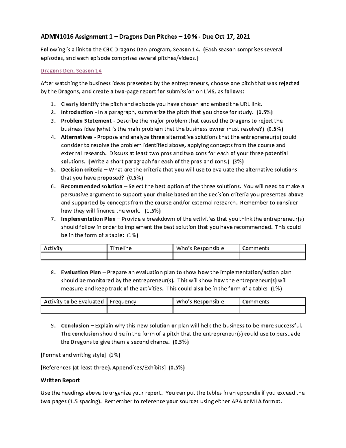 Assignment 1Dragons Den F21 ADMN1016 Assignment 1 Dragons Den Pitches 10 Due Oct 17 Assignment 1Dragons Den F21 ADMN1016 Assignment 1 Dragons Den Pitches 10 Due Oct 17