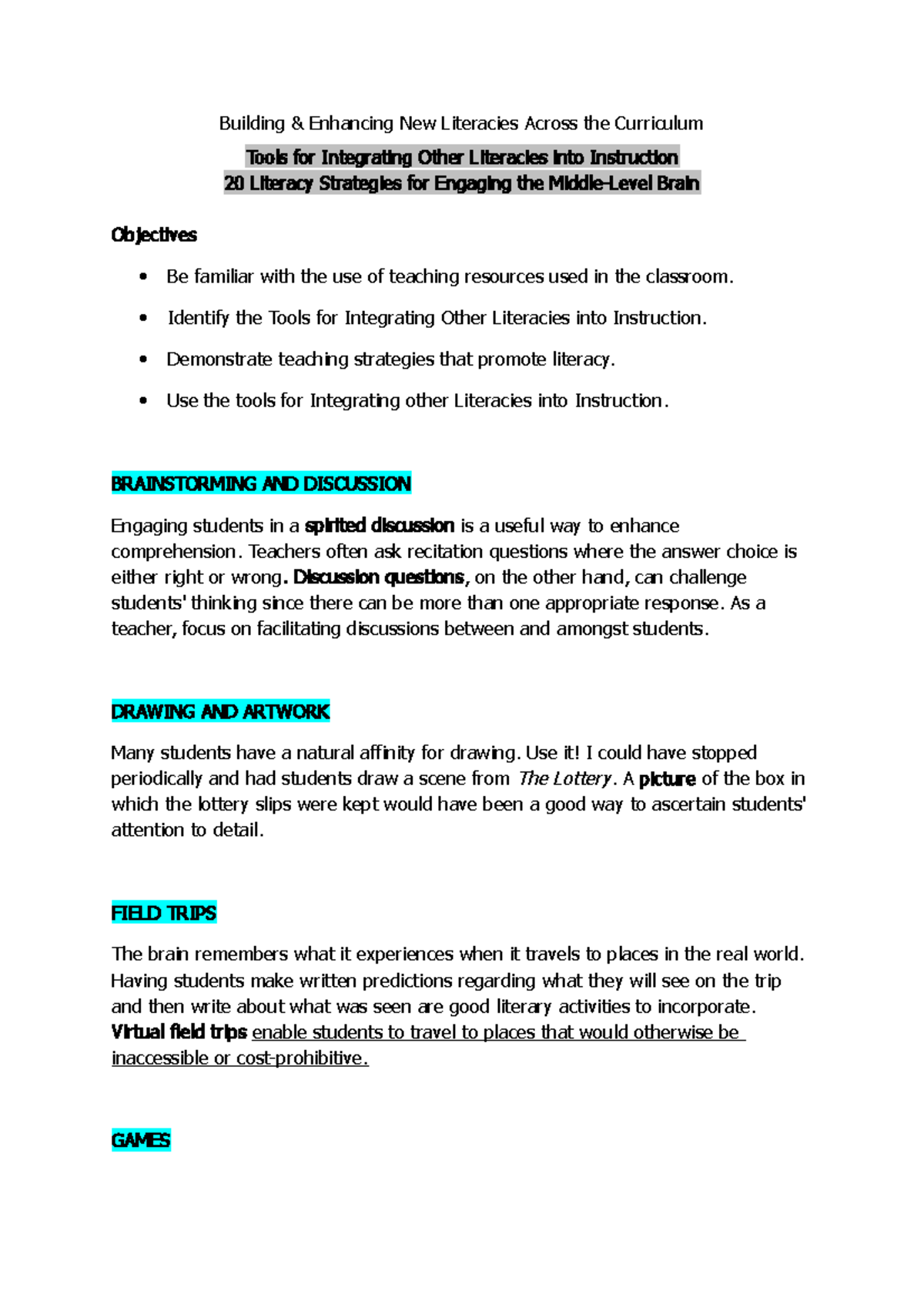 Tools for Integrating Other Literacies into Instruction - Building ...