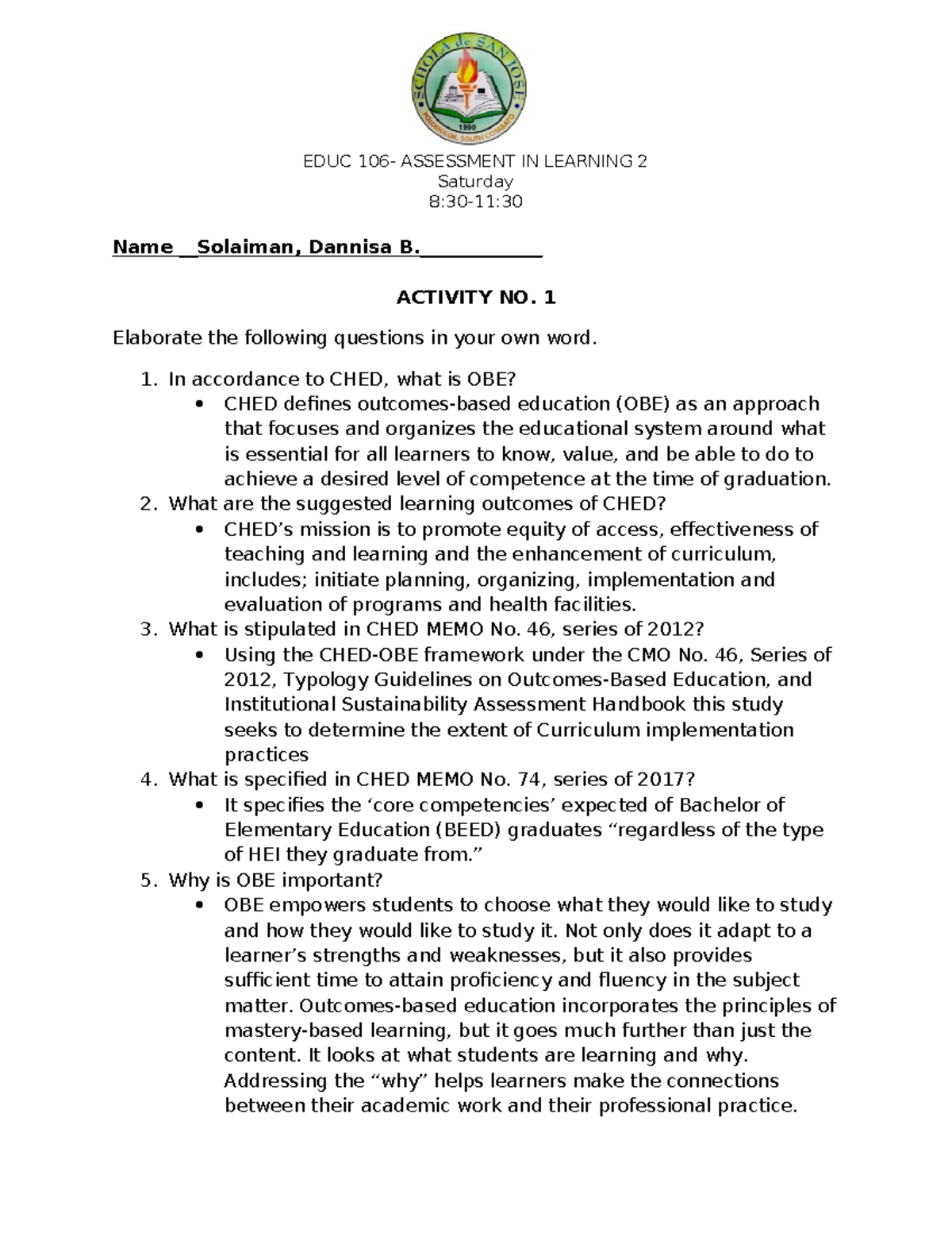 Activity 1 Assessment Of Learning 2 Solaiman Educ 106 Assessment In