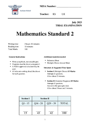 2024 Standard Mathematics Assessment Task Two - HSC Mathematics ...