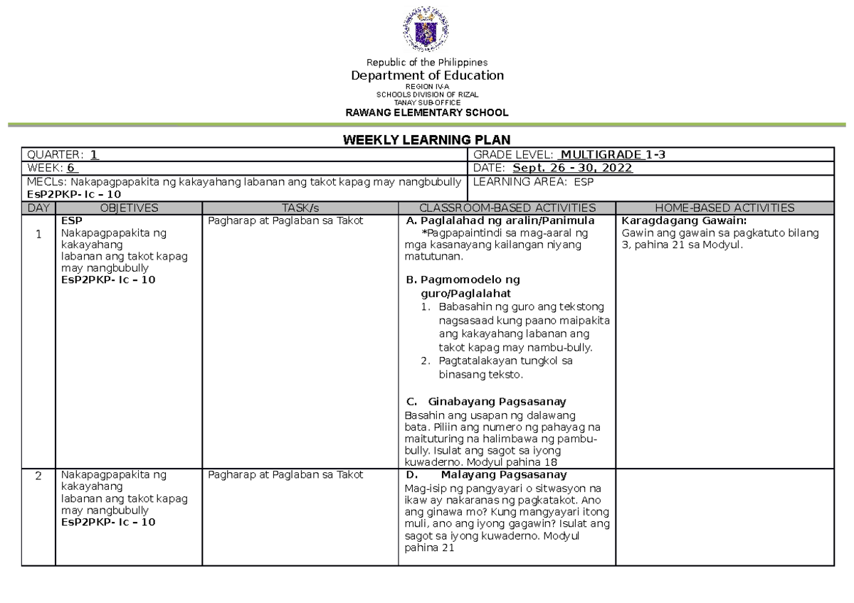 WLP WEEK 6 MG 1 TO 3 - wweh - Republic of the Philippines Department of ...