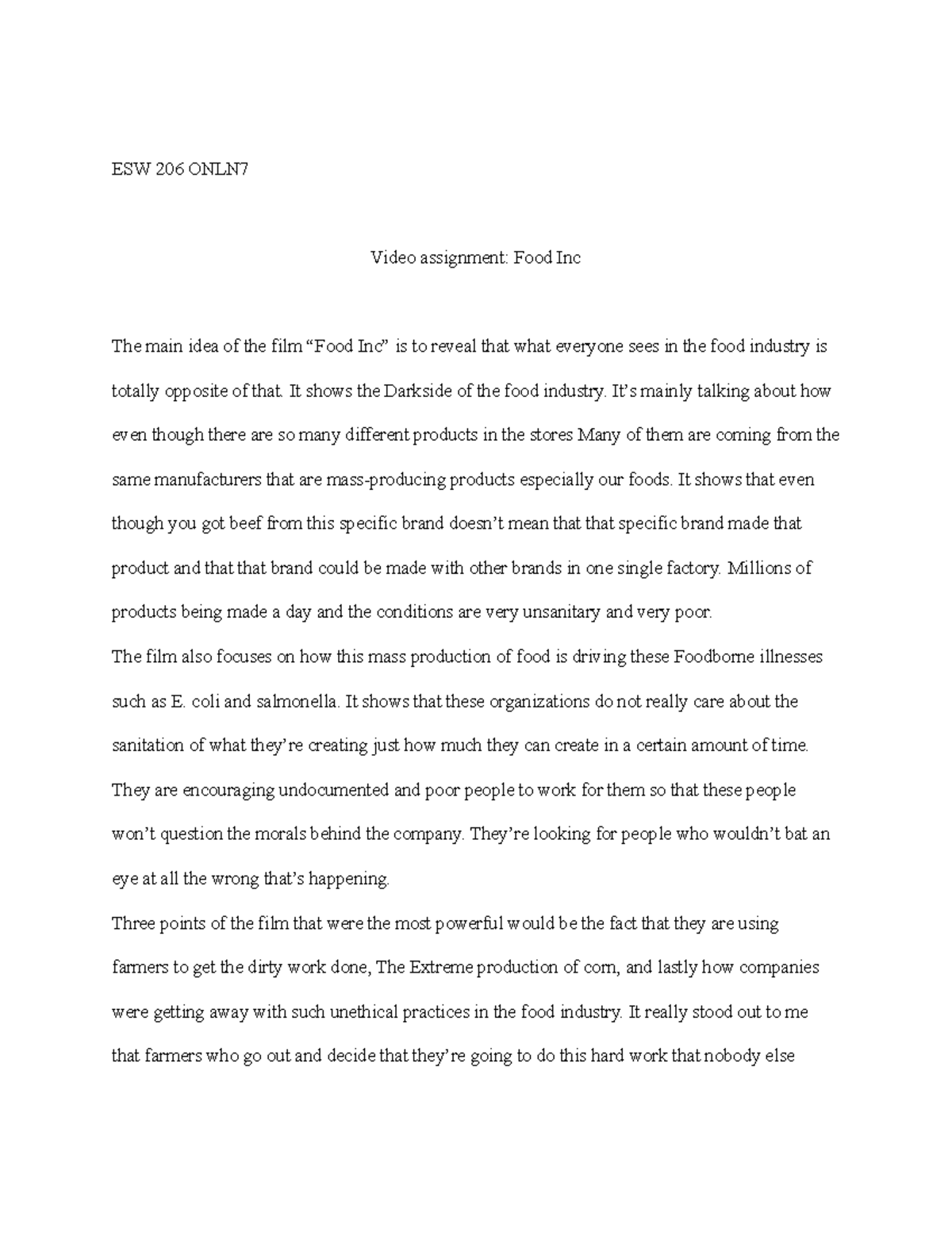 Video assignment Food Inc ESW 206 ONLN Video assignment Food Inc The