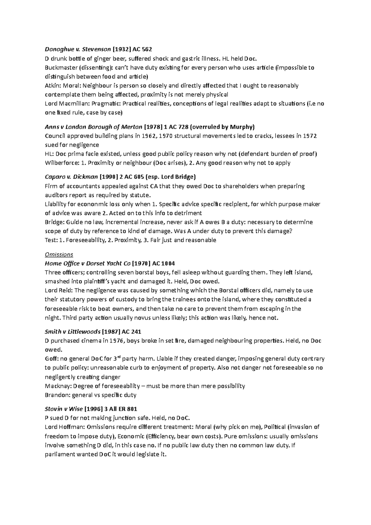 Negligence Case Summaries - Donoghue v. Stevenson AC 562 D drunk bottle ...