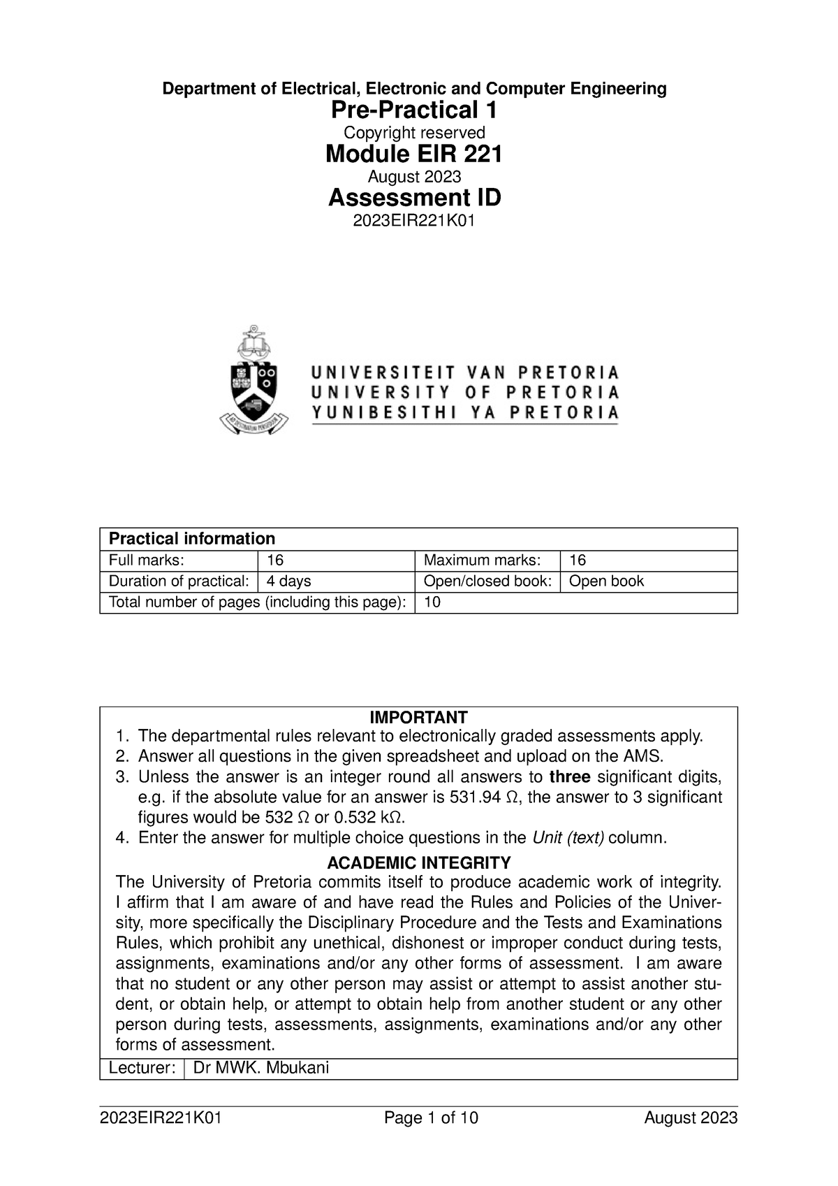 2023EIR221K01 Pre Practical - Department Of Electrical, Electronic And ...