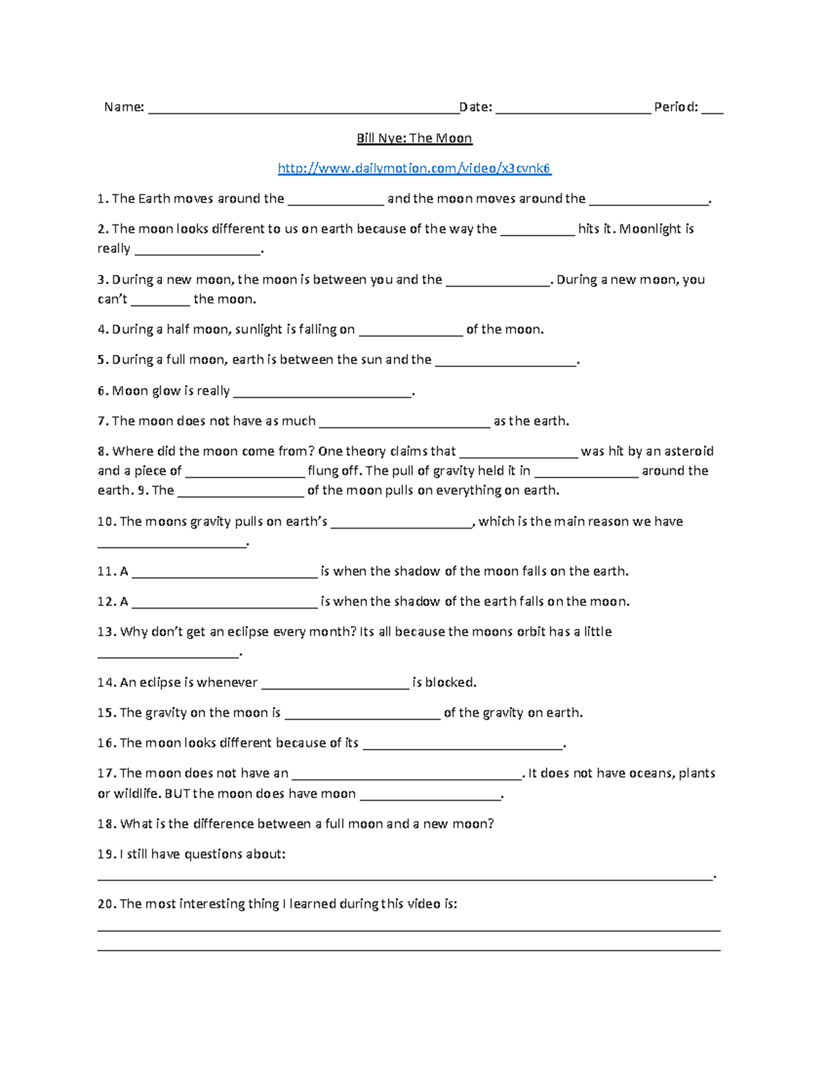 Bill Nye The Moon Worksheet - Name ...